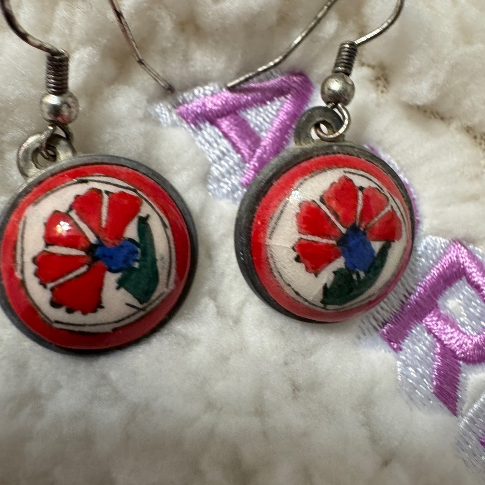 Hand painted enamel Floral Round Earrings with Red and Blue Accents.From Türkiye